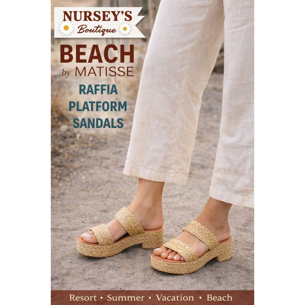 Beach by Matisse Raffia Platform Slide Sandals Natural Straw Woven Resort Size 8